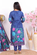 Royal Blue Muslin Floral Embellished Kurta Set - Qurbat