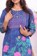 Royal Blue Muslin Floral Embellished Kurta Set - Qurbat