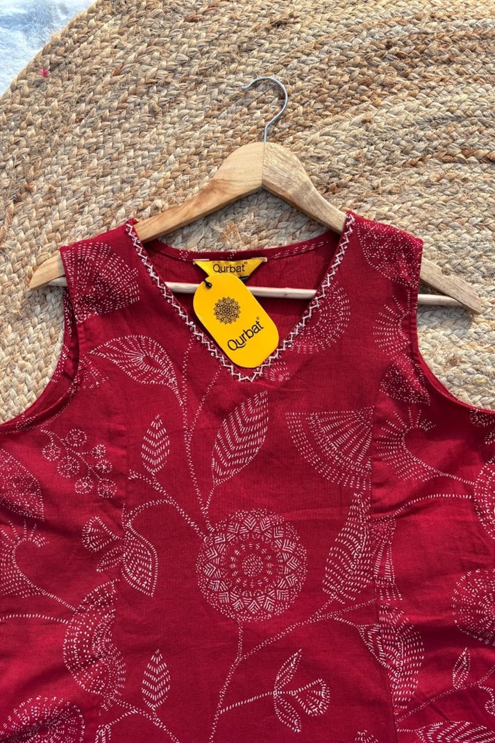 Rustic RED Cotton Co - ord Set – with Delicate Print Work - Qurbat