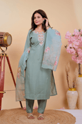 Sea Green Blossom Embroidered Muslin Suit Set - Qurbat