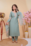 Sea Green Blossom Embroidered Muslin Suit Set - Qurbat