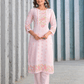 Soft Pink Floral Embroidered Three - Piece Suit Set - Qurbat