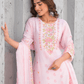 Soft Pink Floral Embroidered Three - Piece Suit Set - Qurbat