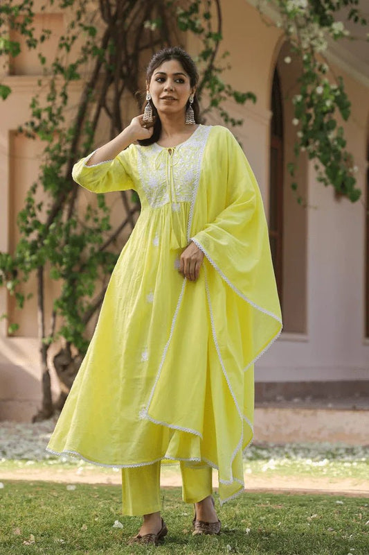 Sunshine Bloom Chikankari Suit Set - Qurbat