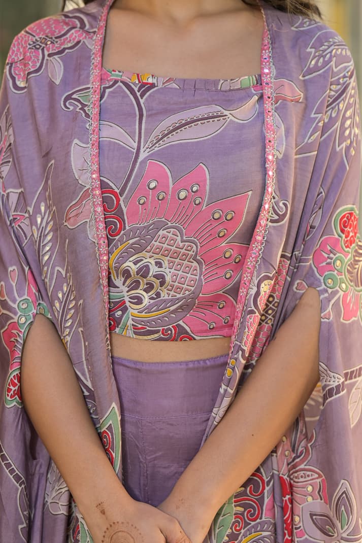 Sunshine Bloom Lavender Co - ord Set with Printed Cape - Qurbat