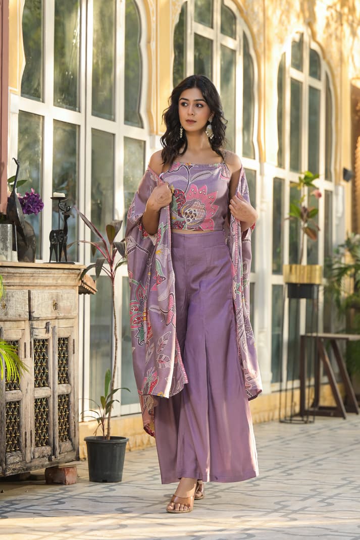 Sunshine Bloom Lavender Co - ord Set with Printed Cape - Qurbat