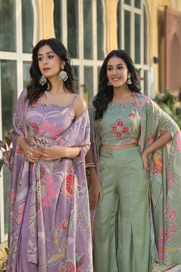 Sunshine Bloom Lavender Co - ord Set with Printed Cape - Qurbat