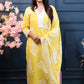 Sunshine Yellow Cotton Kurta Set with White Floral Print & Striped Dupatta – 3 Piece Summer Suit - Qurbat