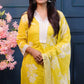 Sunshine Yellow Cotton Kurta Set with White Floral Print & Striped Dupatta – 3 Piece Summer Suit - Qurbat
