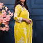 Sunshine Yellow Cotton Kurta Set with White Floral Print & Striped Dupatta – 3 Piece Summer Suit - Qurbat