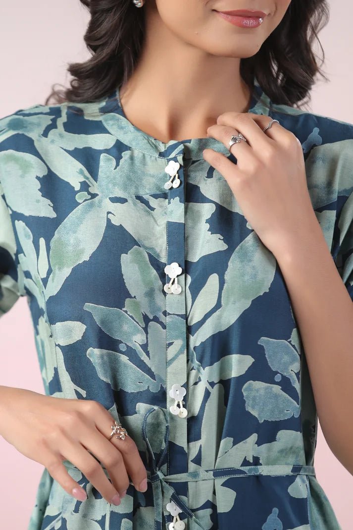Teal Blue Digital Print Dress - Qurbat