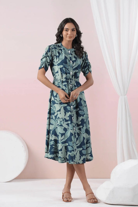 Teal Blue Digital Print Dress - Qurbat