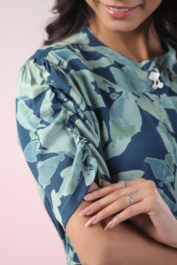 Teal Blue Digital Print Dress - Qurbat