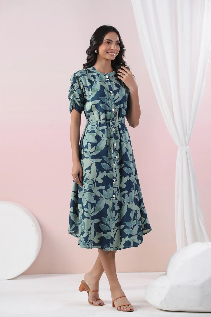 Teal Blue Digital Print Dress - Qurbat