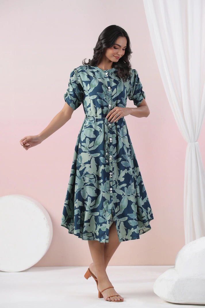 Teal Blue Digital Print Dress - Qurbat