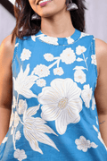 Teal Blue Floral Print Sleeveless Kurta Set (2PC) - Pure Cotton - Qurbat