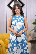 Teal Blue Floral Print Sleeveless Kurta Set (2PC) - Pure Cotton - Qurbat