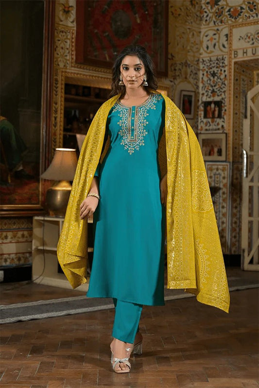 Teal Green Straight Kurta Set with Yellow Bandhej Dupatta & Hand Embroidery - Qurbat