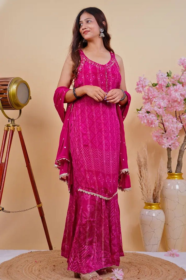 Timeless  Magenta Bandhani Print Sharara Set with Dupatta