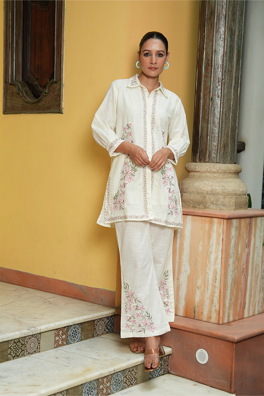 Ivory Floral Embroidered Cotton Co-Ord Set – 2 Piece Chic Ensemble