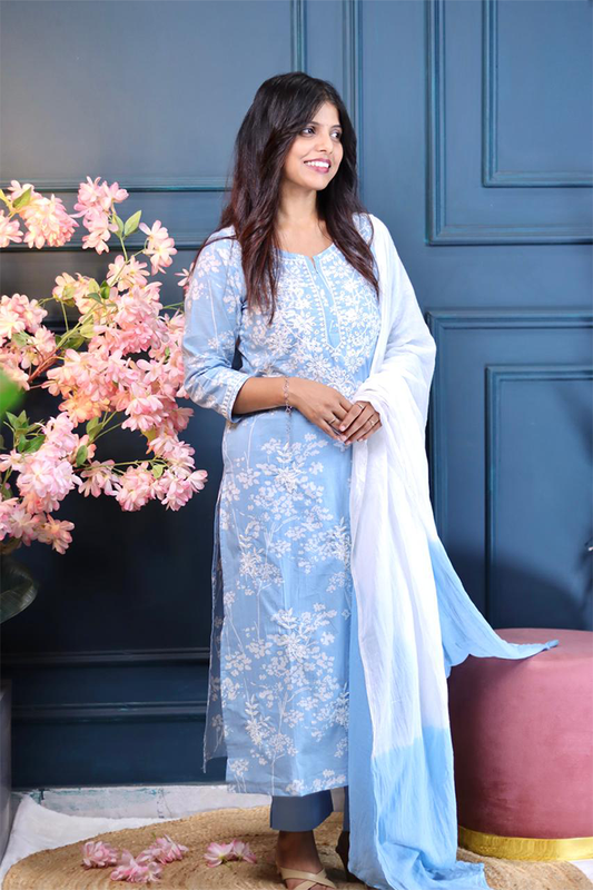 Blue Cotton Kurta Set with White Floral Embroidery & Dip-Dye Dupatta – 3 Piece Set
