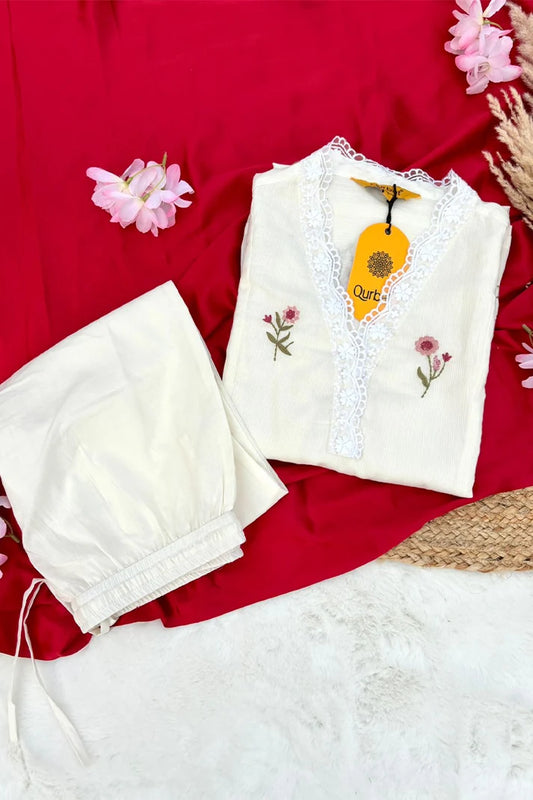 Elegant Off-White Embroidered Cotton Suit Set with Dupatta