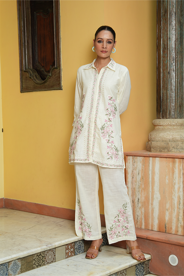 Ivory Floral Embroidered Cotton Co-Ord Set – 2 Piece Chic Ensemble