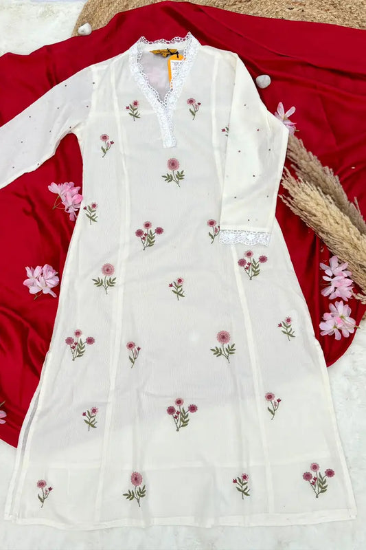Elegant Off-White Embroidered Cotton Suit Set with Dupatta