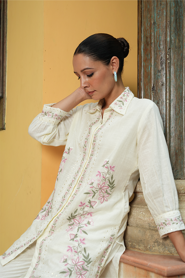 Ivory Floral Embroidered Cotton Co-Ord Set – 2 Piece Chic Ensemble