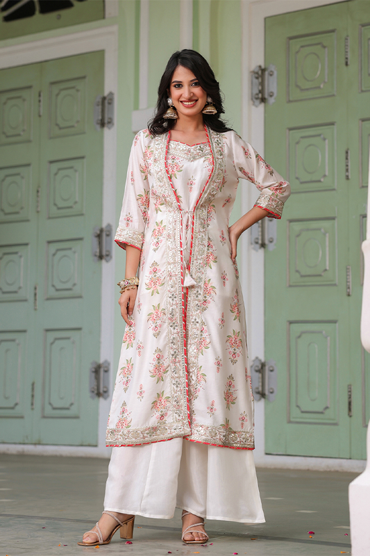 Ivory Chanderi Silk Floral Printed Shrug Set