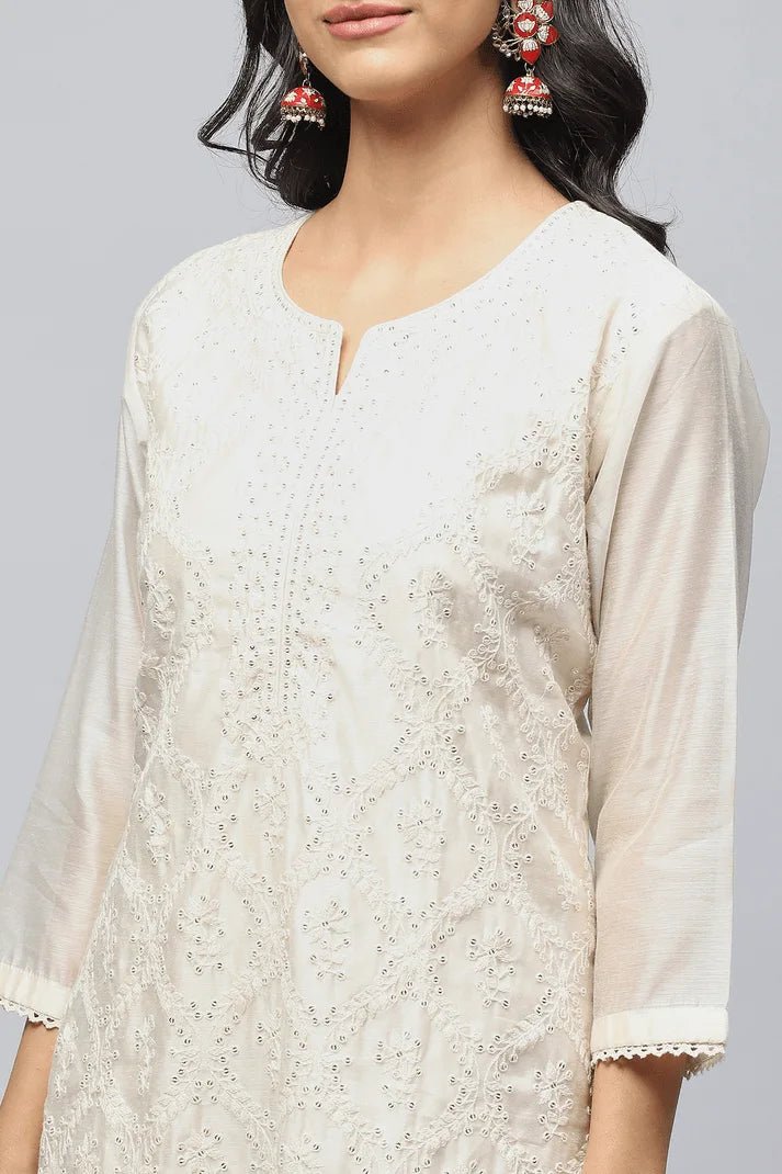 White Embroidered Suit Set for Women - Qurbat