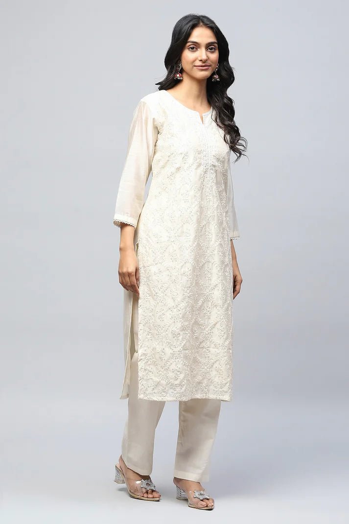 White Embroidered Suit Set for Women - Qurbat