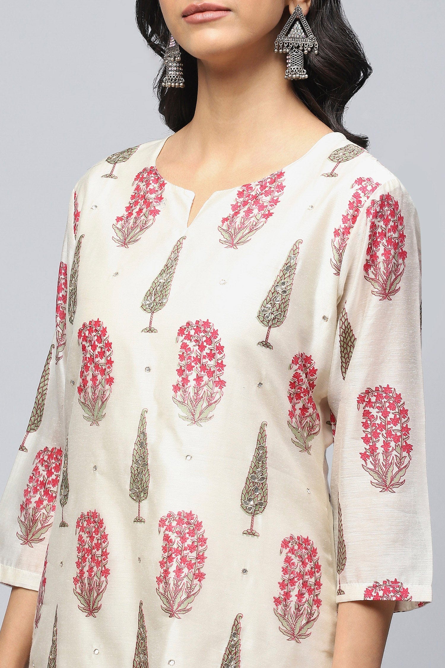 White Printed Suit Set with Mirror Work Embroidery for Women - Qurbat