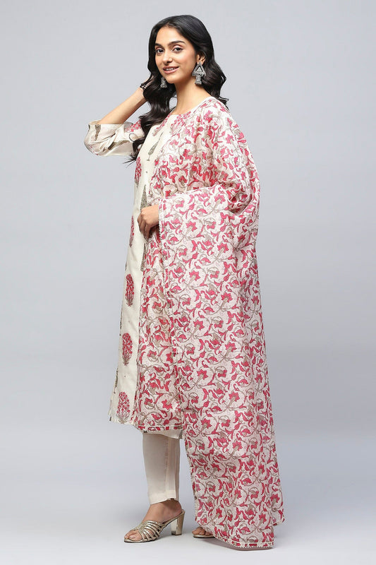 White Printed Suit Set with Mirror Work Embroidery for Women - Qurbat