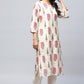 White Printed Suit Set with Mirror Work Embroidery for Women - Qurbat