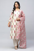 White Printed Suit Set with Mirror Work Embroidery for Women - Qurbat