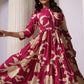 Wine Tiered Digital Print Dress with Belt - Qurbat