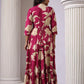 Wine Tiered Digital Print Dress with Belt - Qurbat