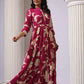 Wine Tiered Digital Print Dress with Belt - Qurbat