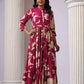 Wine Tiered Digital Print Dress with Belt - Qurbat