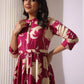 Wine Tiered Digital Print Dress with Belt - Qurbat
