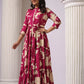 Wine Tiered Digital Print Dress with Belt - Qurbat