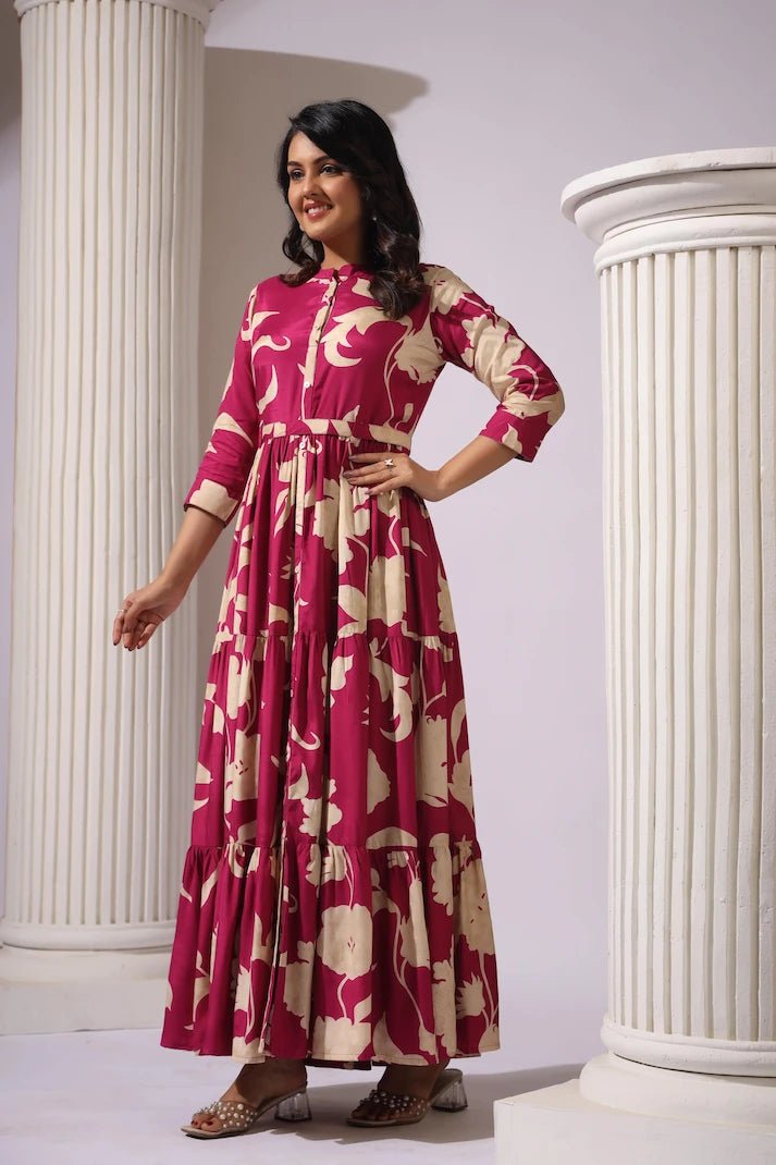 Wine Tiered Digital Print Dress with Belt - Qurbat