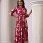 Wine Tiered Digital Print Dress with Belt - Qurbat