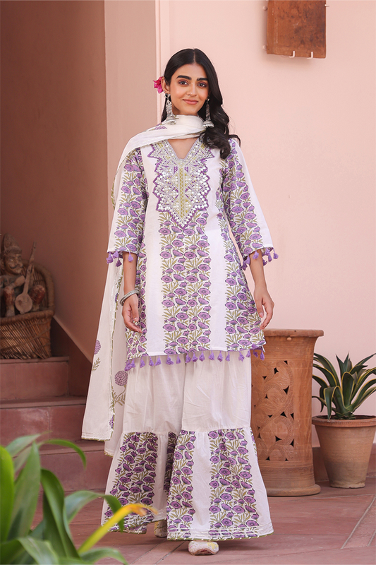 Purple Floral Mirror Work Sharara Set