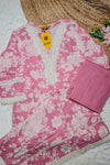 Pink Floral Cotton Kurta Set with Crochet Lace Detailing – 2PC Set