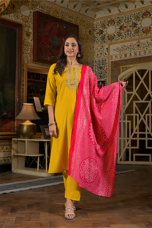 Mustard Yellow Straight Kurta Set with Pink Bandhej Dupatta & Hand Embroidery