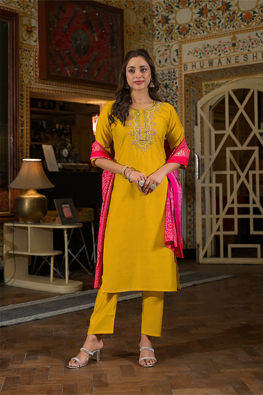Mustard Yellow Straight Kurta Set with Pink Bandhej Dupatta & Hand Embroidery