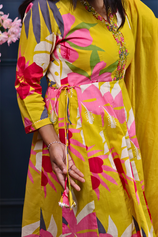 Tropical Bloom Yellow Anarkali Set with Hand Embroidered Neckline