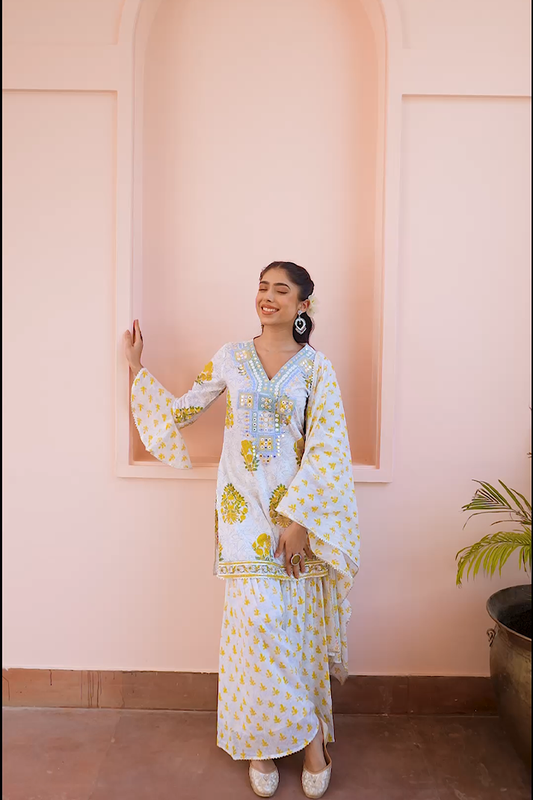 Yellow Floral Printed Cotton Suit Set with Mirror Embroidery